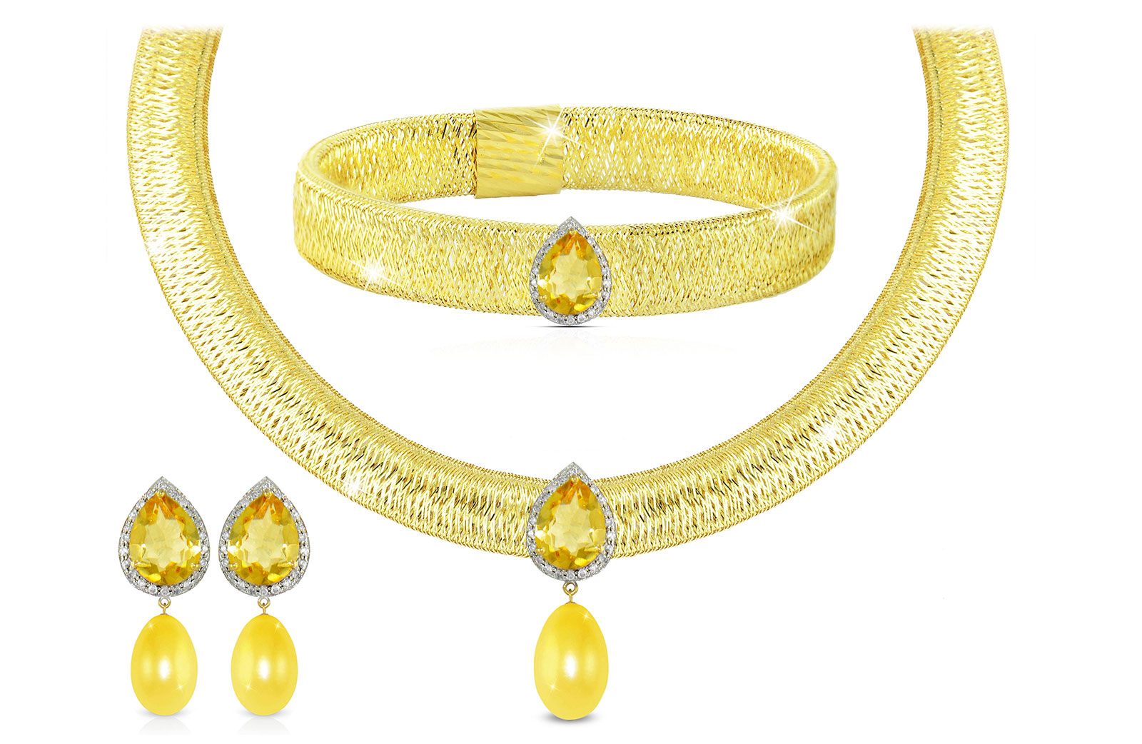 Vera Perla 18K Gold 0.48ct Diamonds, Citrine and 13mm Golden Pearl Jewelry Set - 3 pcs.